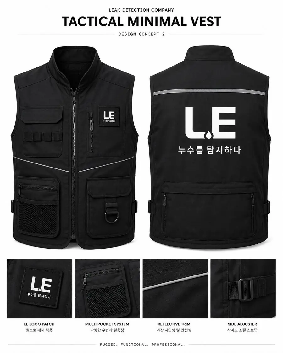 L.E 필드 베스트 유니폼 디자인 — 전면·후면 및 반사 트림 디테일